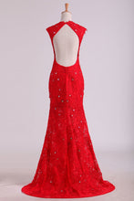 Load image into Gallery viewer, 2023 Prom Dresses Mermaid With Beading  Scoop Sweep Train Lace
