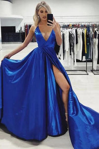 Spaghetti Straps Royal Blue V Neck Satin Prom Dresses with High Slit, A Line Formal Dresses SRS15419