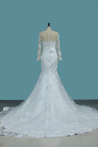 2023 Scoop Long Sleeves Mermaid Wedding Dresses With Applique Tulle Chapel Train Detachable
