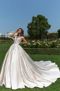 2024 Satin Scoop A Line Wedding Dresses With Handmade Flower And Sash Chapel Train
