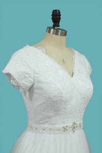 2023 Short Sleeves V Neck Wedding Dresses Tulle & Lace With Beading