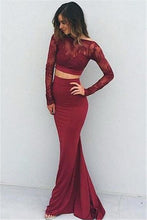 Load image into Gallery viewer, Burgundy Sexy Two Pieces Charming Backless Lace Long Sleeves Evening Dresses RS852