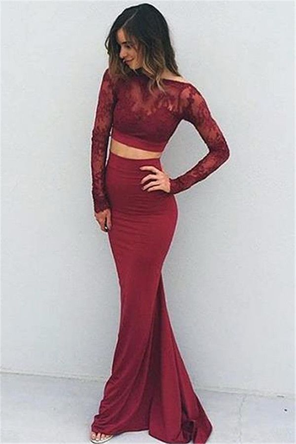 Burgundy Sexy Two Pieces Charming Backless Lace Long Sleeves Evening Dresses RS852