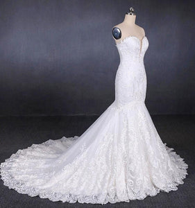 Charming Strapless Sweetheart Mermaid Lace Appliques White Wedding Dresses SRS15128