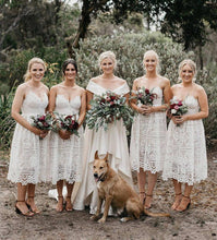Load image into Gallery viewer, A Line Ivory Lace Spaghetti Straps V Neck Bridesmaid Dresses, Bridesmaid Gowns SRS15489