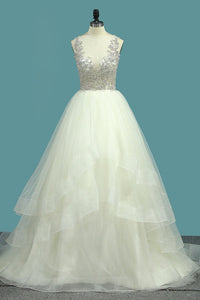 2023 New Arrival A Line Tulle Scoop Beaded Bodice Wedding Dresses