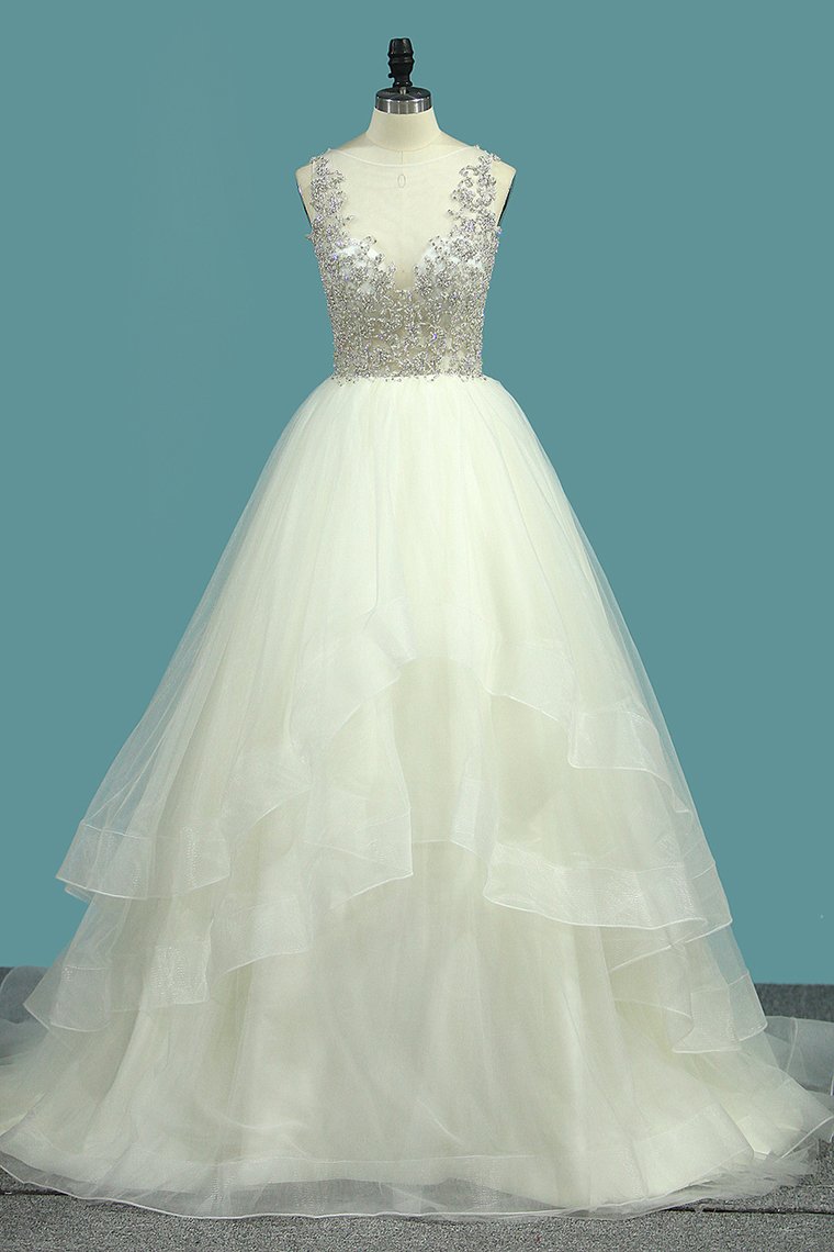 2023 New Arrival A Line Tulle Scoop Beaded Bodice Wedding Dresses