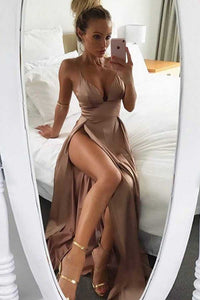 Sexy Front Split Simple Cheap Long Prom Dresses