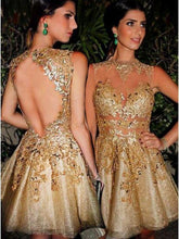 Load image into Gallery viewer, Gorgeous A-line Scoop Gold Short Homecoming Dress with Open Back RS435