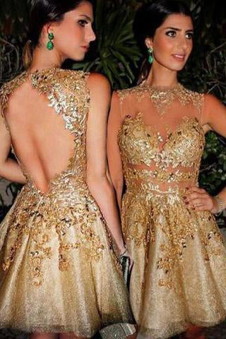 Gorgeous A-line Scoop Gold Short Homecoming Dress with Open Back RS435