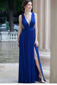 2023 V Neck Chiffon Prom Dresses A Line With Ruffles And Slit Floor Length