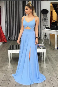 2024 Chiffon Spaghetti Straps A Line Prom Dresses With Slit Open Back