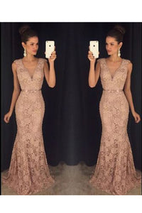 2024 V Neck Prom Dresses Mermaid Lace With Beading And Sash Sweep Train