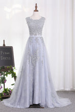 Load image into Gallery viewer, 2023 Sexy Open Back A Line Prom Dresses Scoop Tulle With Applique