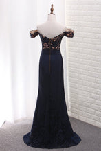 Load image into Gallery viewer, 2023 Mermaid Off The Shoulder Elastic Satin &amp; Lace Prom Dresses Sweep Train