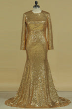 Load image into Gallery viewer, 2024 Long Sleeves Prom Dresses Mermaid Scoop Sequins Sweep Train