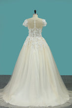 Load image into Gallery viewer, 2023 Scoop Short Sleeve With Applique Tulle Court Train Wedding Dresses