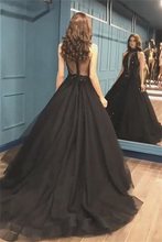 Load image into Gallery viewer, Sexy Ball Gown High Neck Black Tulle V Neck Sequins Party Dresses Prom SRSPQC2HNL1