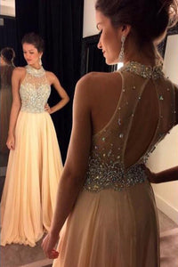 2024 High Neck Prom Dresses A Line Chiffon With Beading Sweep Train