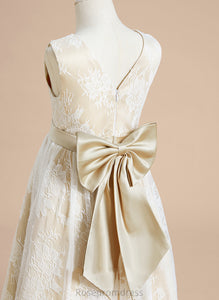 - With Bow(s) Girl Neck Flower Dress Sal A-Line Flower Girl Dresses Tea-length Sleeveless Scoop Satin/Lace