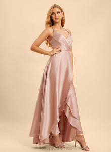 A-Line V-neck Asymmetrical Fabric Embellishment Silhouette Ruffle Length Neckline Dulce A-Line/Princess Natural Waist Bridesmaid Dresses