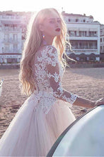 Load image into Gallery viewer, Tulle Scoop Neckline Pink A-line Lace Appliques Long Sleeves Bowknot Wedding Dresses RS311