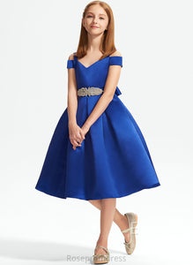 Beading Knee-Length A-Line Raven Satin Bow(s) Off-the-Shoulder With Junior Bridesmaid Dresses