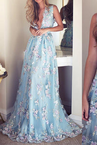 V-Neck Sleeveless Blue Tulle Appliques Affordable Long A-line Sleeveless Prom Dresses RS512