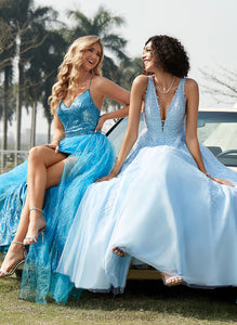 V-neck Ball-Gown/Princess Lace Sweep Gill Beading Train Prom Dresses With Tulle