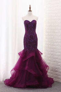 2023 Sweetheart Mermaid Tulle Prom Dresses With Beading Sweep Train