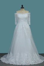 Load image into Gallery viewer, 2024 Tulle A Line Boat Neck 3/4 Length Sleeves Wedding Dresses With Applique
