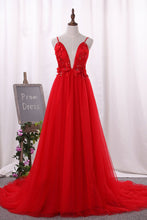 Load image into Gallery viewer, 2024 Prom Dresses Spaghetti Straps Tulle With Applique And Handmade Flower
