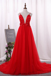 2024 Prom Dresses Spaghetti Straps Tulle With Applique And Handmade Flower