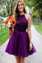 Load image into Gallery viewer, Purple Short Halter Neck Backless Beads Tulle Juniors Mini Sweet 16 Homecoming Dress RS433