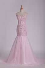 Load image into Gallery viewer, 2024 Sweetheart Prom Dresses Beaded Bodice Mermaid Sweep Train Tulle