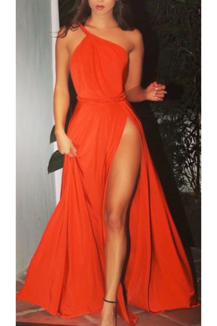 2023 Evening Dresses A Line One Shoulder Chiffon With Slit Sweep Train