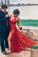 Sparkly V Neck A Line Red Spaghetti Straps Prom Dresses with Slit, Evening SRS15675