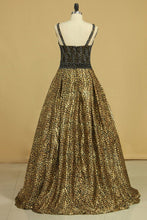 Load image into Gallery viewer, 2024 Animal Print V Neck Beaded Bodice A Line Prom Dresses