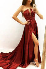 Load image into Gallery viewer, Elegant A line Strapless V Neck Burgundy Beads Prom Dresses with Slit, Party SRS20412