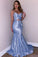 Glitter Spaghetti Straps V Neck Blue Mermaid V Neck Prom Dresses, Party SRS15647