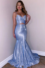 Load image into Gallery viewer, Glitter Spaghetti Straps V Neck Blue Mermaid V Neck Prom Dresses, Party SRS20419