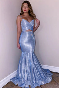 Glitter Spaghetti Straps V Neck Blue Mermaid V Neck Prom Dresses, Party SRS20419