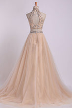 Load image into Gallery viewer, 2024 Two-Piece High Neck Prom Dresses A Line Tulle With Beading