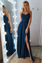 Load image into Gallery viewer, Sexy A Line Spaghetti Straps Appliques Long V neck Prom Dresses with SRS15662