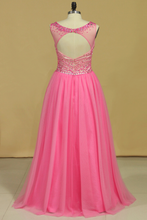 Load image into Gallery viewer, 2024 Open Back Prom Dresses Scoop A Line Beaded Bodice Floor Length Tulle