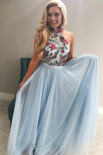 Load image into Gallery viewer, Elegant Halter Sky Blue Long Open Back Flowy Embroidery Prom Dresses