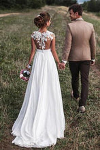 Load image into Gallery viewer, 2023 Lovely Off White Lace Appliques Cap Sleeves Long Chiffon Beach Wedding SRS10084