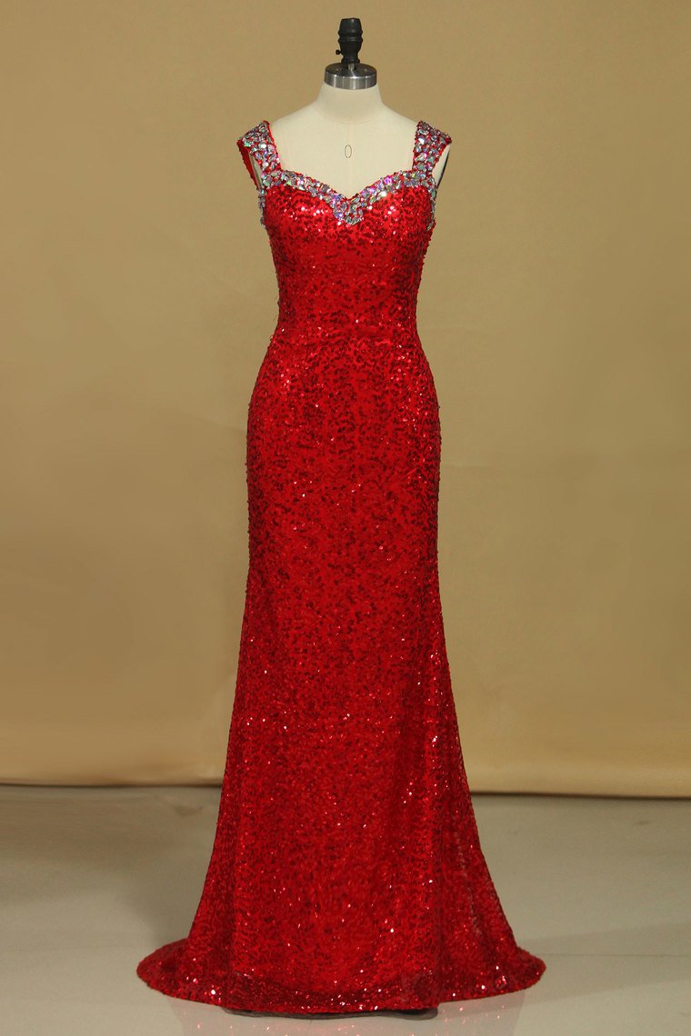 2024 Sheath Straps Prom Dresses Sequins With Beads Floor Length