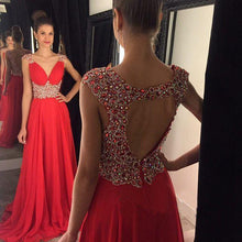 Load image into Gallery viewer, Open Back Red Chiffon V-Neck Cap Sleeve Lace A-Line Beads Prom Dresses RS961