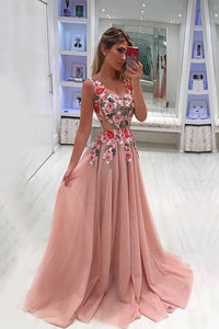 Beautiful Pink A-Line Elegant Embroidered Appliques Long Prom Dresses